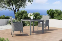 OUTFLEXX Vigo Garten-Essgruppe, stahlgrau-meliert/grau, Alu/Polyrattan/Glas, Tisch 90 x 90 cm, 2 Sessel, Polster Inklusive, Pulverbeschichtet