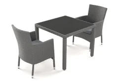 OUTFLEXX Vigo Garten-Essgruppe, stahlgrau-meliert/grau, Alu/Polyrattan/Glas, Tisch 90 x 90 cm, 2 Sessel, Polster Inklusive, Pulverbeschichtet