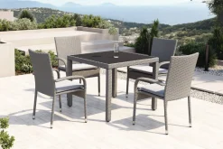 OUTFLEXX Vigo Garten-Essgruppe, stahlgrau-meliert, Alu/Polyrattan, Tisch 90 x 90 cm, 4 Stühle, Polster inklusive, pulverbeschichtet
