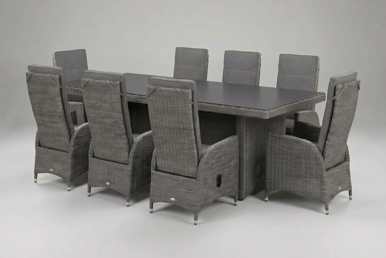 OUTFLEXX Vigo Garten-Essgruppe, grau/schiefergrau, Aluminium/Polyrattan/Glas, 200 x 95 cm, 8 Sessel, verstellbare Rückenlehne