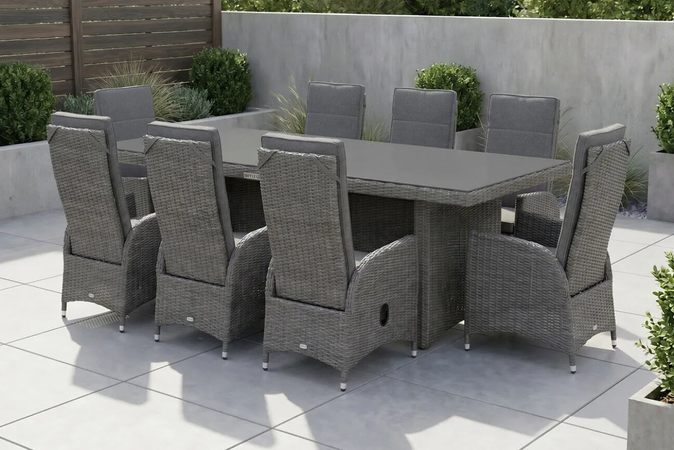 OUTFLEXX Vigo Garten-Essgruppe, grau/schiefergrau, Aluminium/Polyrattan/Glas, 200 x 95 cm, 8 Sessel, verstellbare Rückenlehne