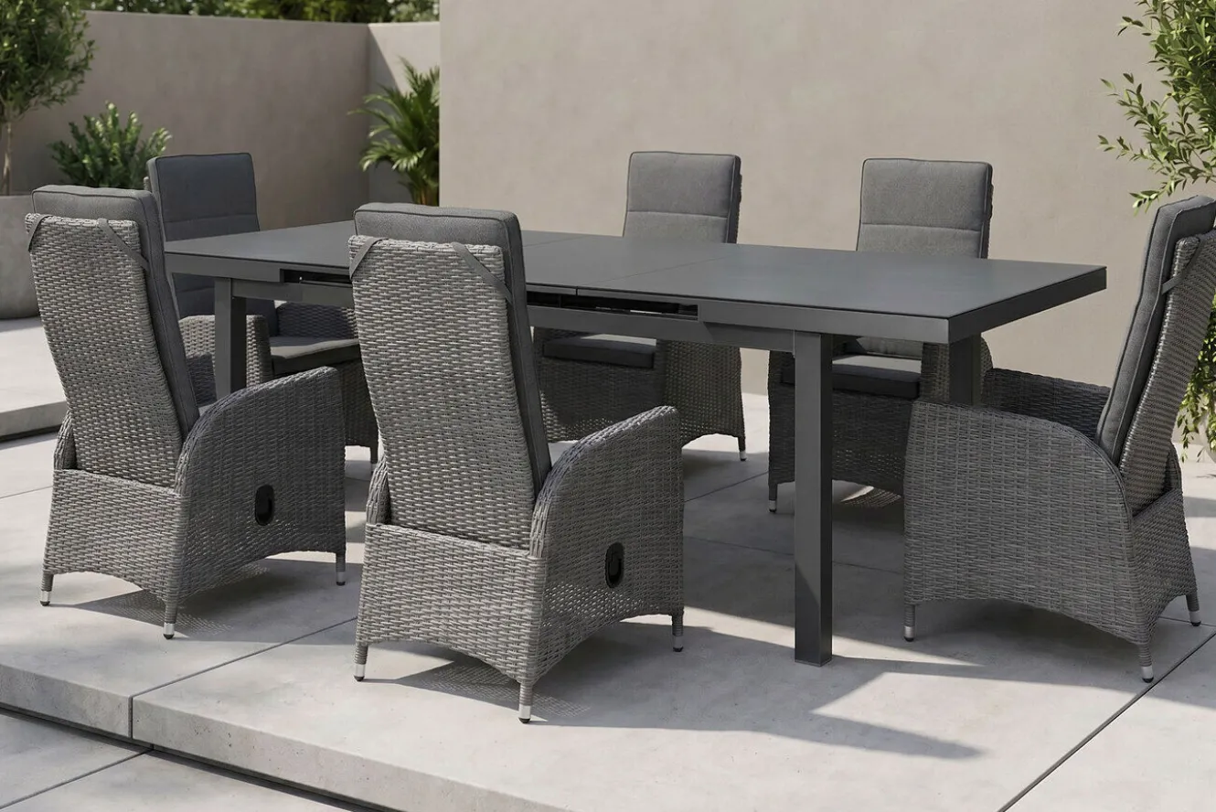 OUTFLEXX Vigo Garten-Essgruppe, anthrazit/grau, Aluminium/Glas/Polyrattan, Tisch 180/240 x 100 cm, ausziehbar, verstellbar
