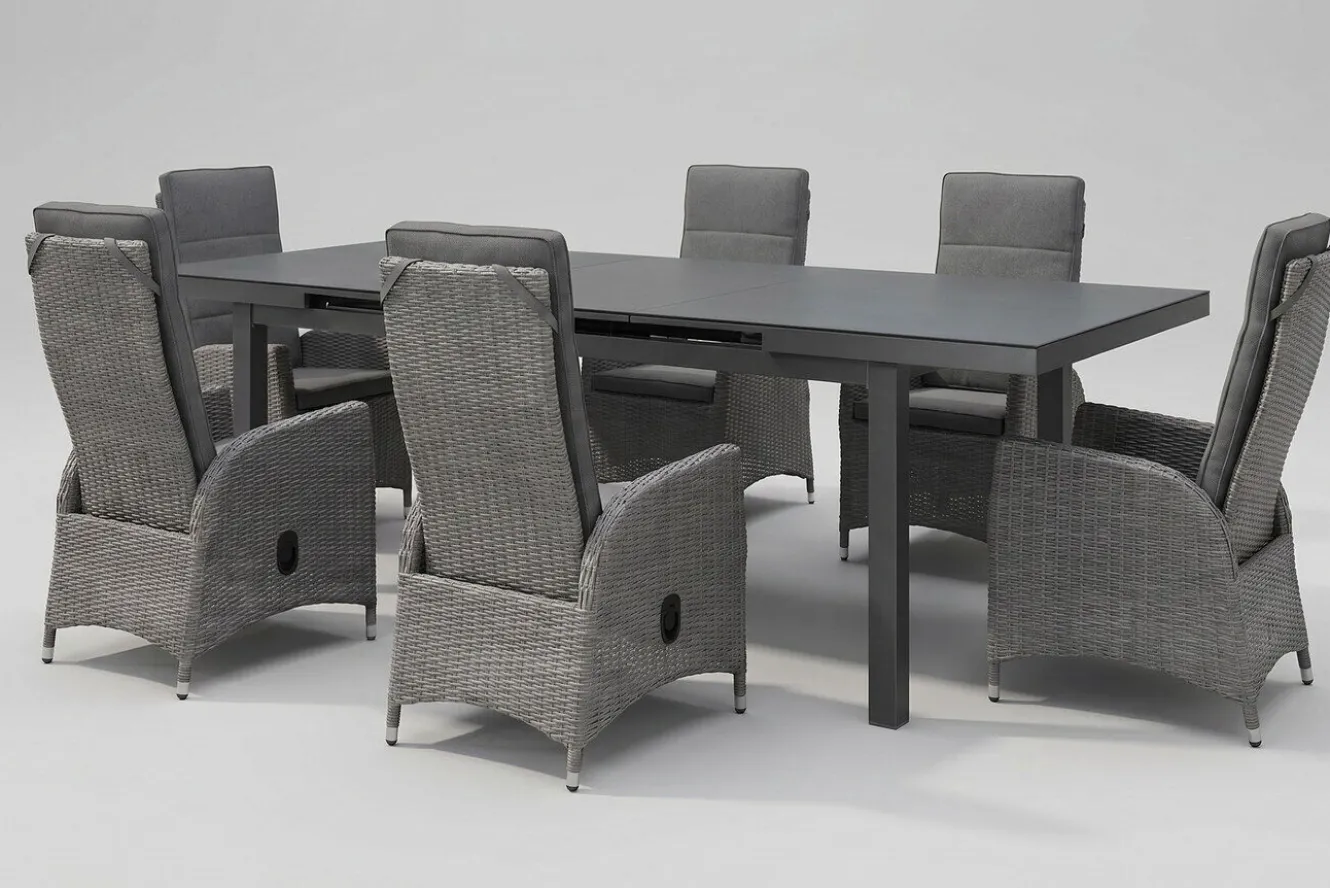 OUTFLEXX Vigo Garten-Essgruppe, anthrazit/grau, Aluminium/Glas/Polyrattan, Tisch 180/240 x 100 cm, ausziehbar, verstellbar