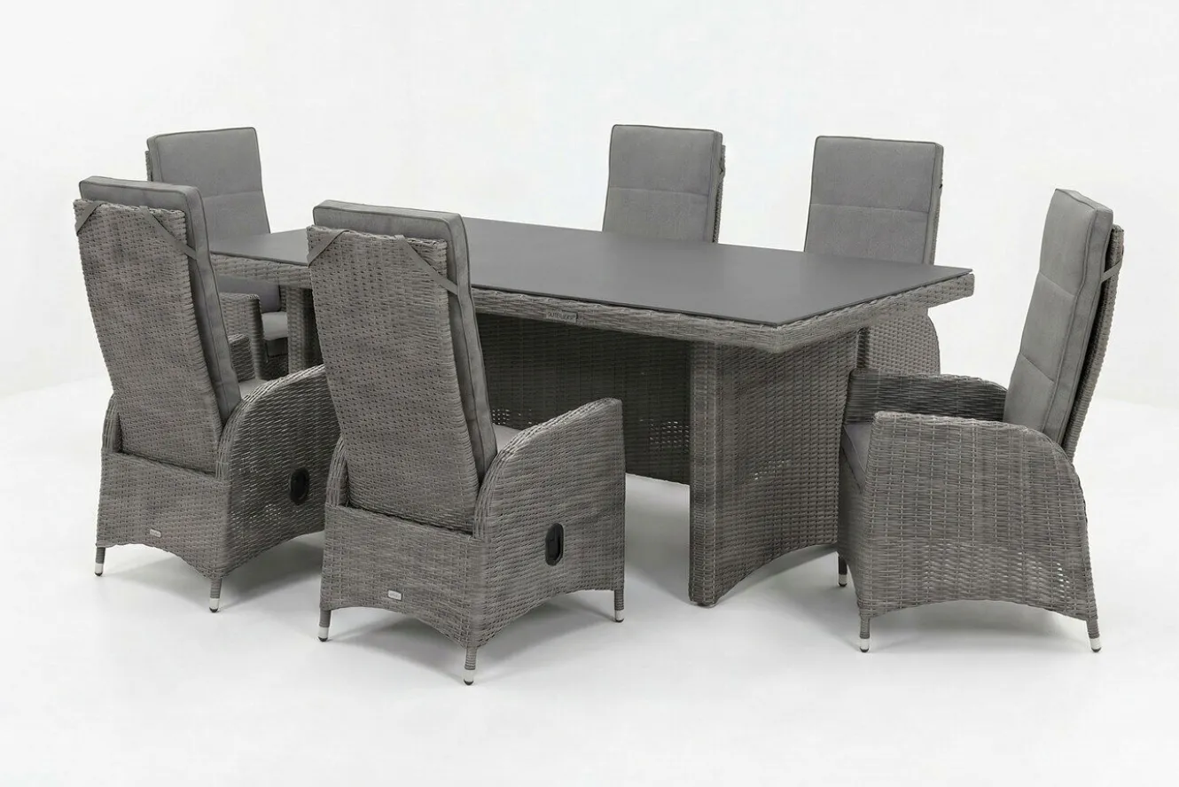 OUTFLEXX Vigo Garten-Essgruppe, grau/schiefergrau, Aluminium/Polyrattan/Glas, 200 x 95 cm, 6 verstellbare Sessel