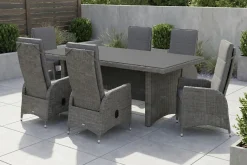 OUTFLEXX Vigo Garten-Essgruppe, grau/schiefergrau, Aluminium/Polyrattan/Glas, 200 x 95 cm, 6 verstellbare Sessel