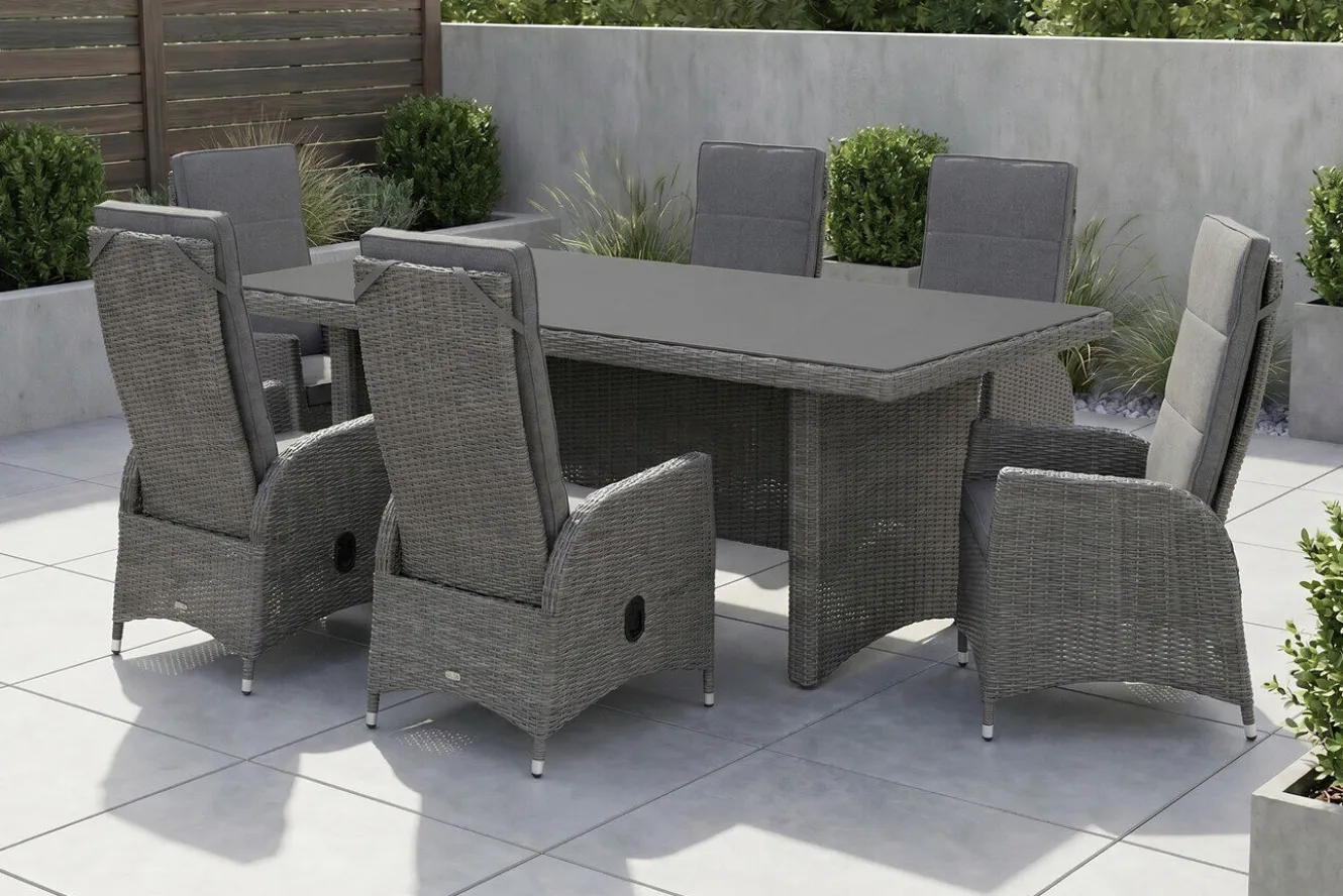 OUTFLEXX Vigo Garten-Essgruppe, grau/schiefergrau, Aluminium/Polyrattan/Glas, 200 x 95 cm, 6 verstellbare Sessel
