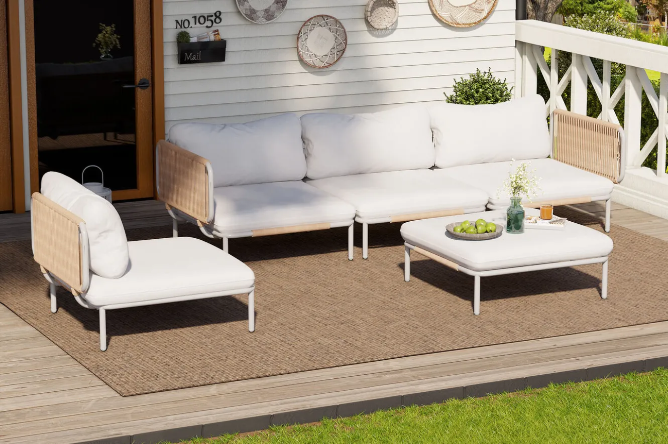 OUTFLEXX Visby Gartenlounge 5-teilig, creme/weiß, Alu/Stahl, inkl. Polster & Ottomane,elektrophoretisch beschichtet