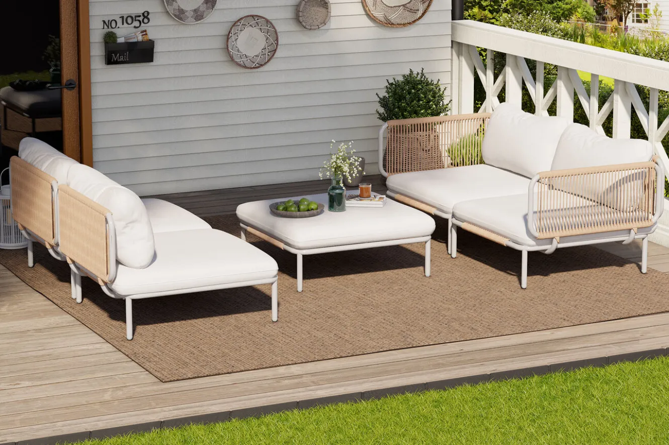 OUTFLEXX Visby Gartenlounge 5-teilig, creme/weiß, Alu/Stahl, inkl. Polster & Ottomane,elektrophoretisch beschichtet