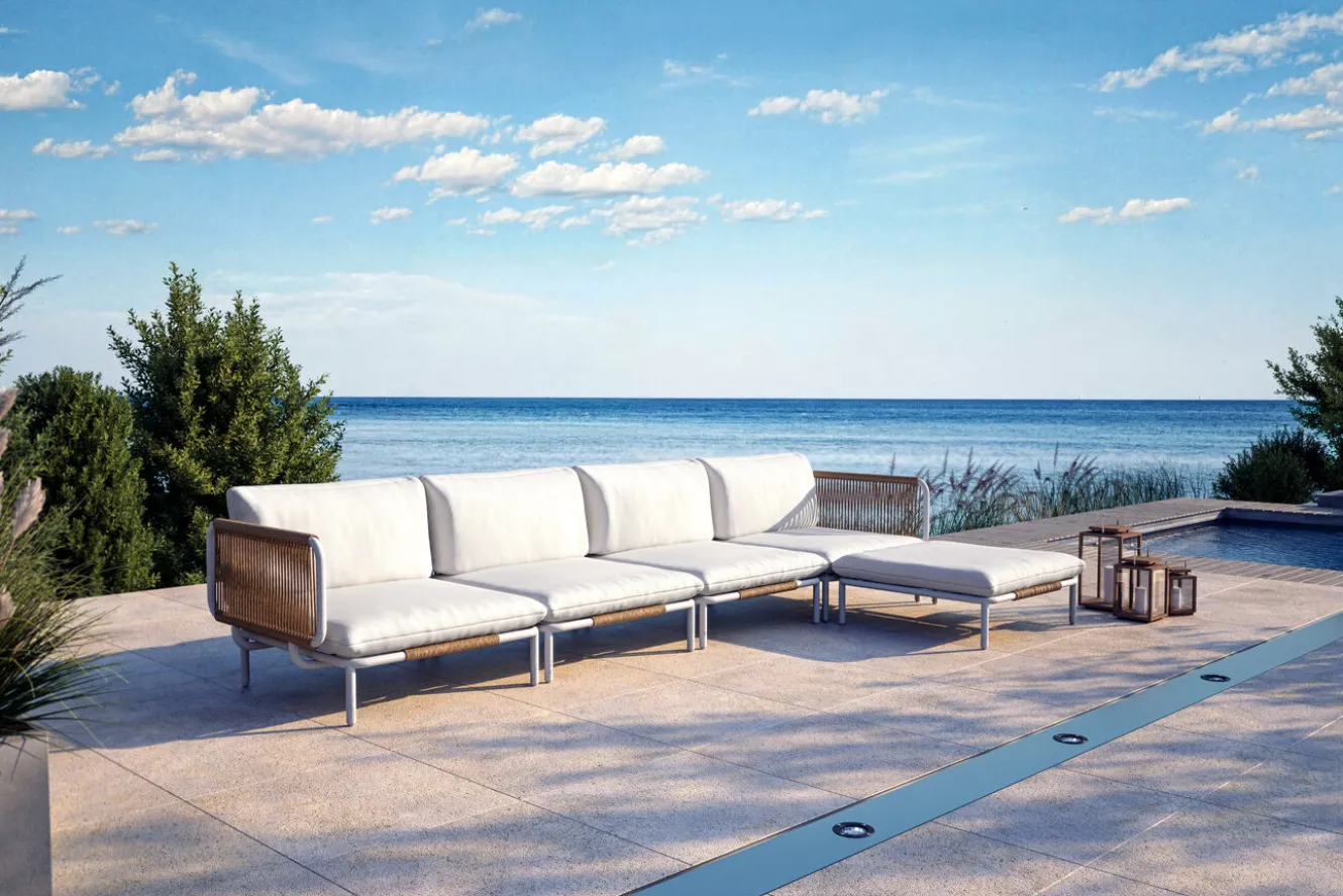 OUTFLEXX Visby Gartenlounge 5-teilig, creme/weiß, Alu/Stahl, inkl. Polster & Ottomane,elektrophoretisch beschichtet