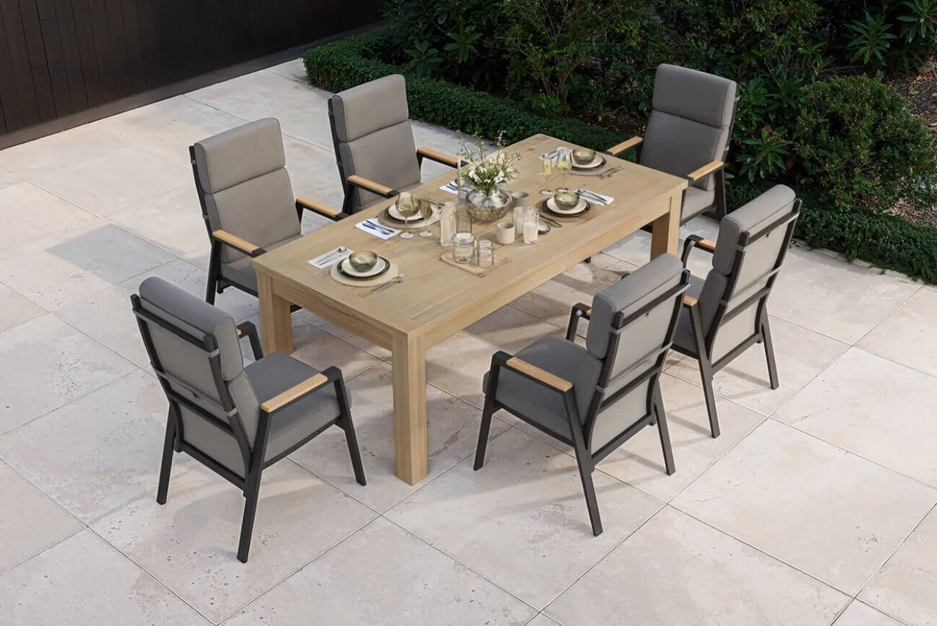 OUTFLEXX Zadar Garten-Essgruppe, anthrazit/natur, Teak/Aluminium/Polyester, Tisch 200 x 100 cm, inkl. 6 Sessel