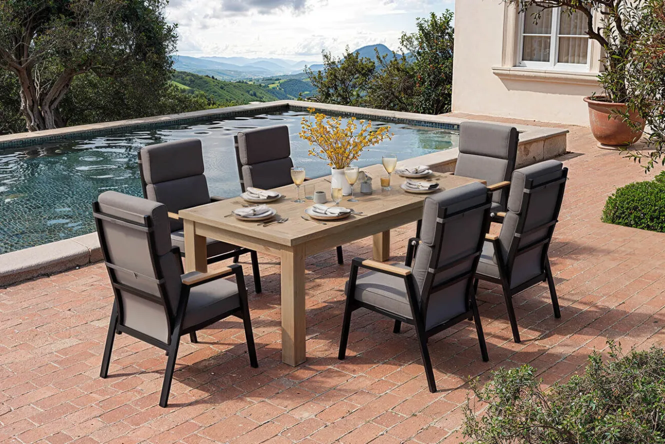OUTFLEXX Zadar Garten-Essgruppe, anthrazit/natur, Teak/Aluminium/Polyester, Tisch 200 x 100 cm, inkl. 6 Sessel