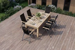 OUTFLEXX Zadar Garten-Essgruppe, natur/anthrazit, Alu/Textilene/Teak, Tisch 200 x 100 cm, klappbar, inkl. 6 Sessel