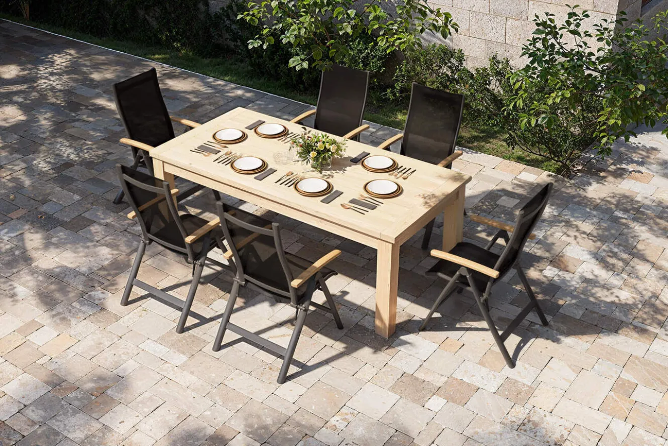 OUTFLEXX Zadar Garten-Essgruppe, natur/anthrazit, Alu/Textilene/Teak, Tisch 200 x 100 cm, klappbar, inkl. 6 Sessel