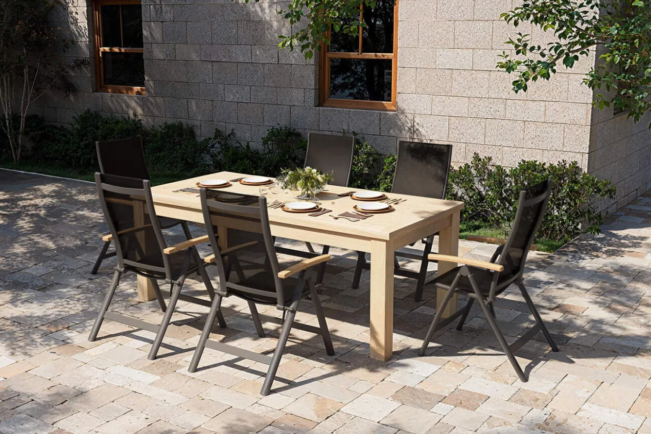 OUTFLEXX Zadar Garten-Essgruppe, natur/anthrazit, Alu/Textilene/Teak, Tisch 200 x 100 cm, klappbar, inkl. 6 Sessel