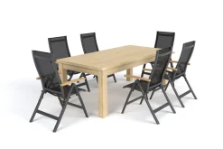 OUTFLEXX Zadar Garten-Essgruppe, natur/anthrazit, Alu/Textilene/Teak, Tisch 200 x 100 cm, klappbar, inkl. 6 Sessel