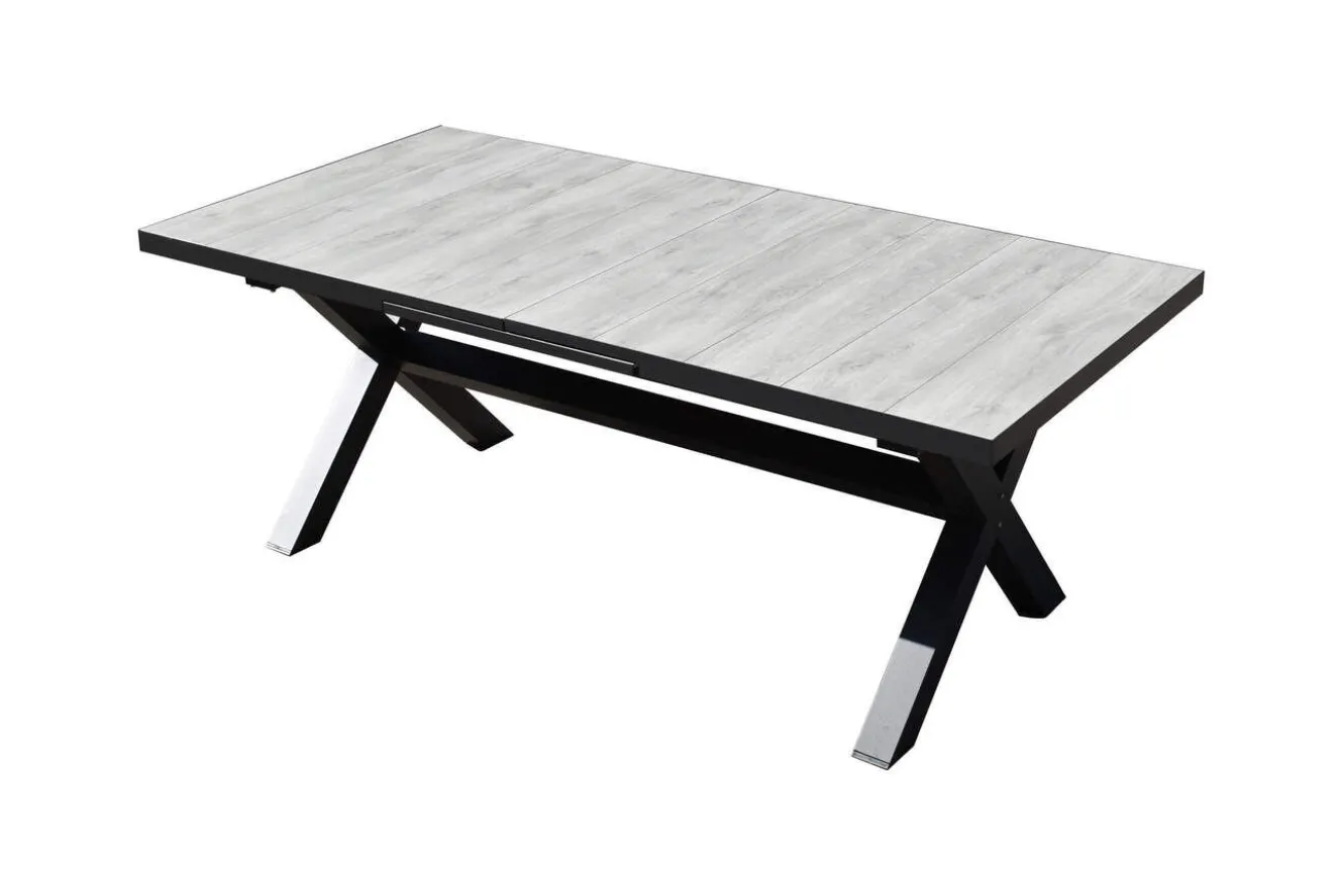 OUTLEXX Louvra Ausziehtisch, anthrazit/Holzoptik, Alu/Keramik, 200/260 x 100 cm, Tischplatte aus Keramikfliesen