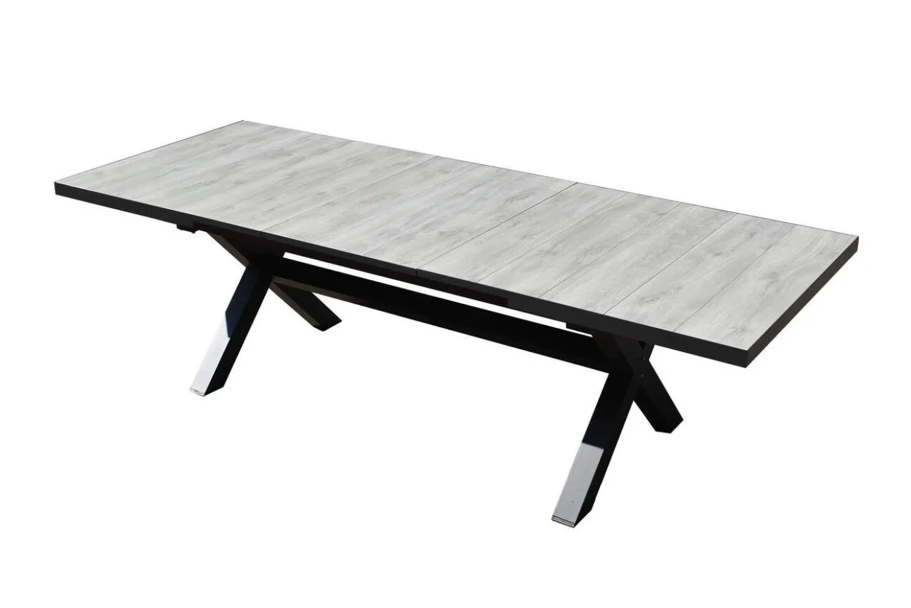 OUTLEXX Louvra Ausziehtisch, anthrazit/Holzoptik, Alu/Keramik, 200/260 x 100 cm, Tischplatte aus Keramikfliesen