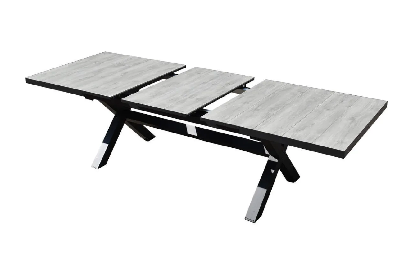 OUTLEXX Louvra Ausziehtisch, anthrazit/Holzoptik, Alu/Keramik, 200/260 x 100 cm, Tischplatte aus Keramikfliesen
