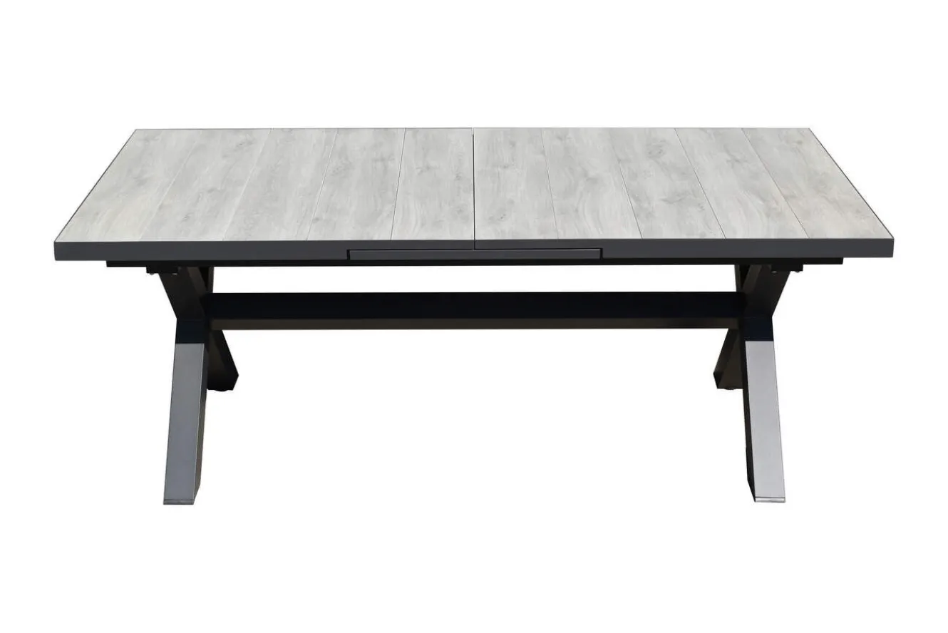 OUTLEXX Louvra Ausziehtisch, anthrazit/Holzoptik, Alu/Keramik, 200/260 x 100 cm, Tischplatte aus Keramikfliesen