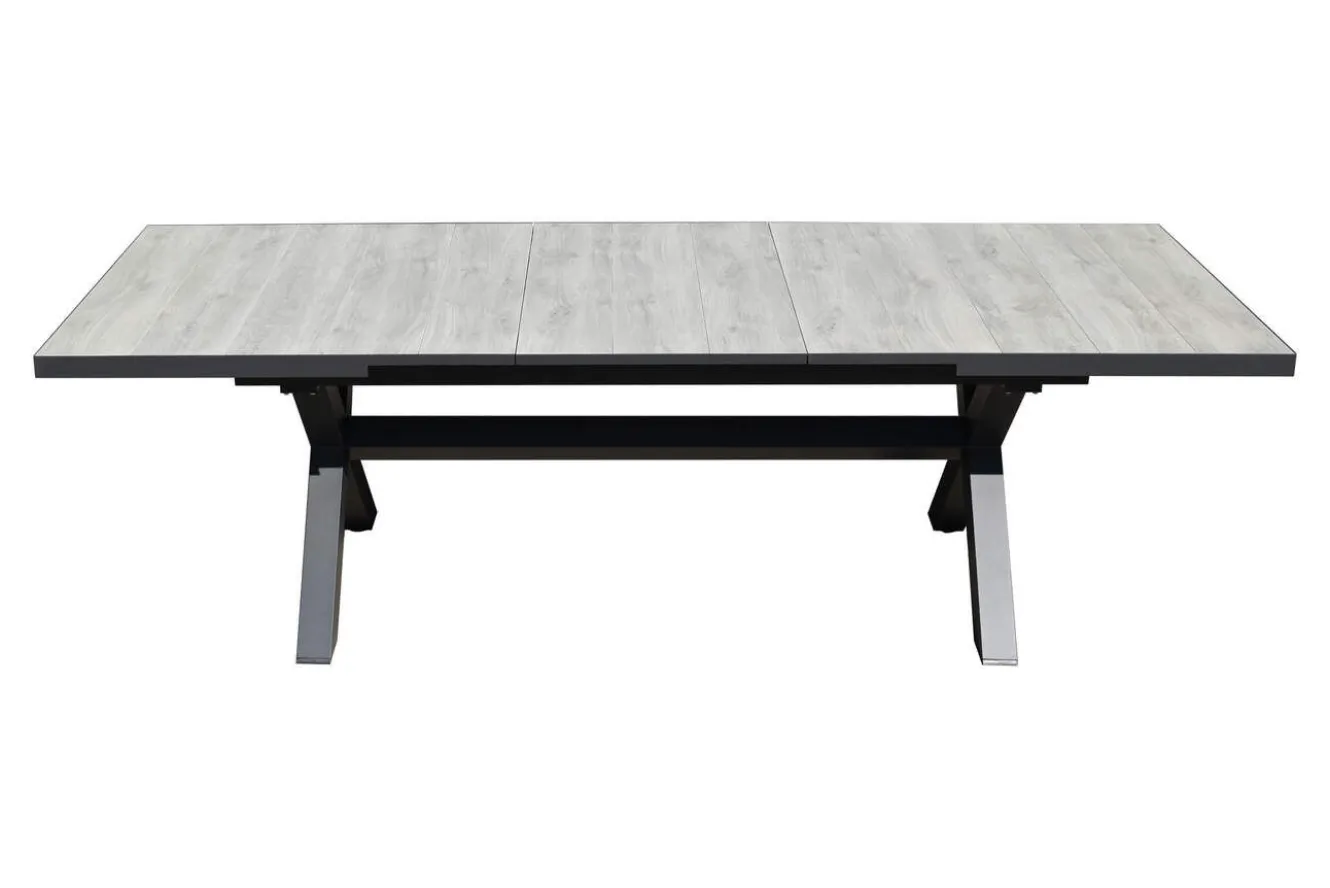 OUTLEXX Louvra Ausziehtisch, anthrazit/Holzoptik, Alu/Keramik, 200/260 x 100 cm, Tischplatte aus Keramikfliesen