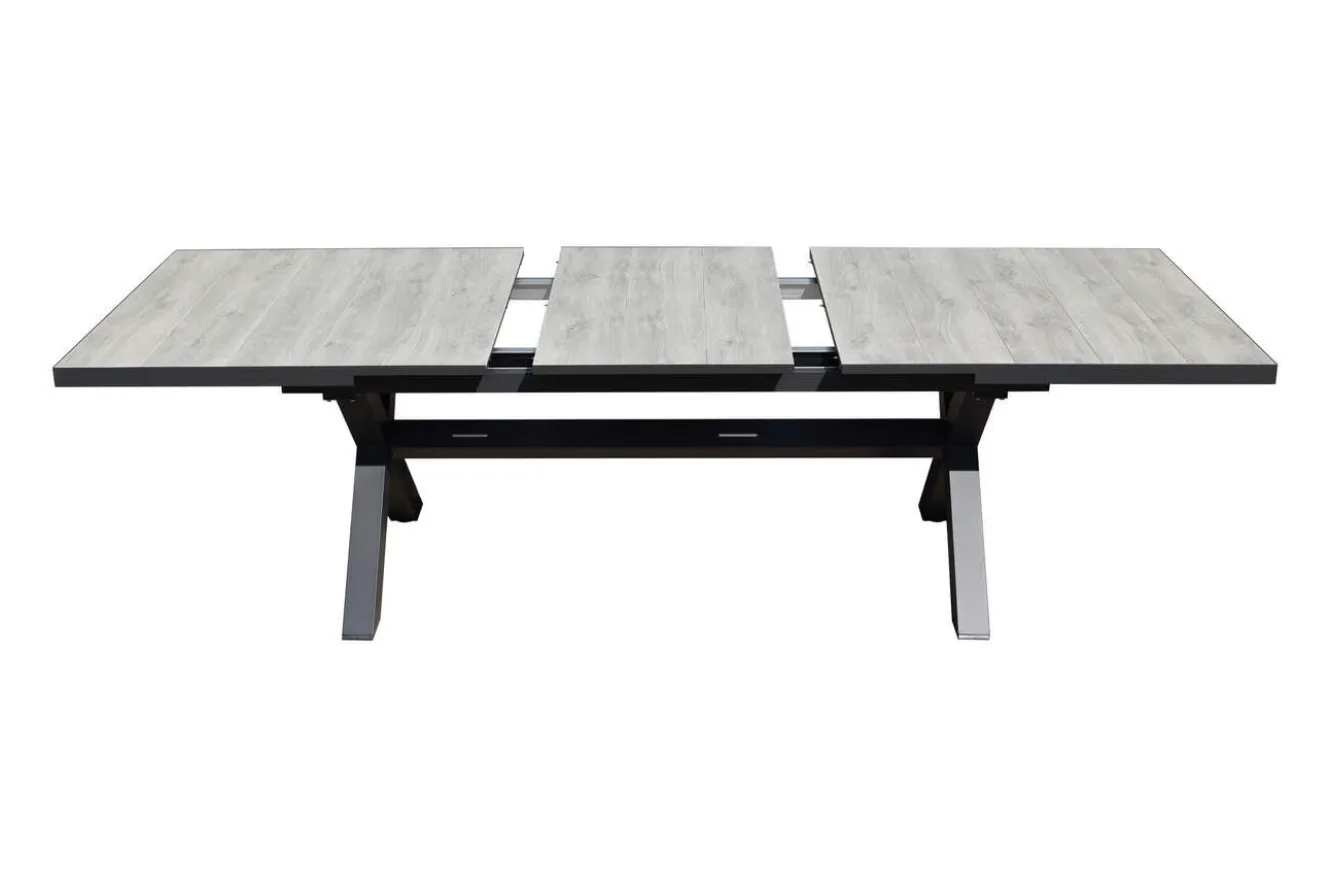 OUTLEXX Louvra Ausziehtisch, anthrazit/Holzoptik, Alu/Keramik, 200/260 x 100 cm, Tischplatte aus Keramikfliesen