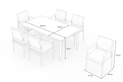 ploss Lunare Garten-Essgruppe, cashmere sand/anthrazit, Alu/Holzdekor/Glas, 180 x 100 cm, 6 Sessel, Quick Dry Foam
