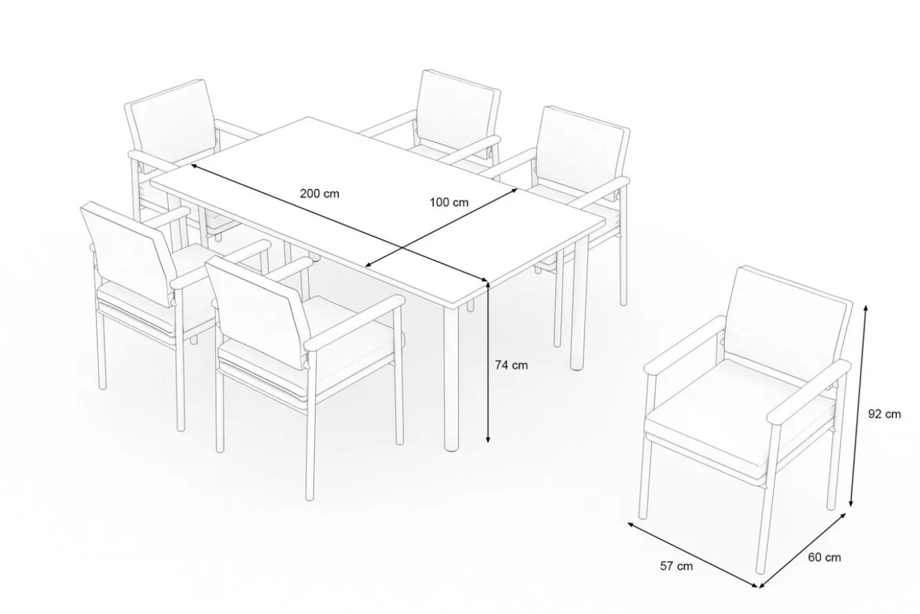 ploss Lunare Garten-Essgruppe, cashmere sand/anthrazit, Alu/Holzdekor/Glas, 180 x 100 cm, 6 Sessel, Quick Dry Foam