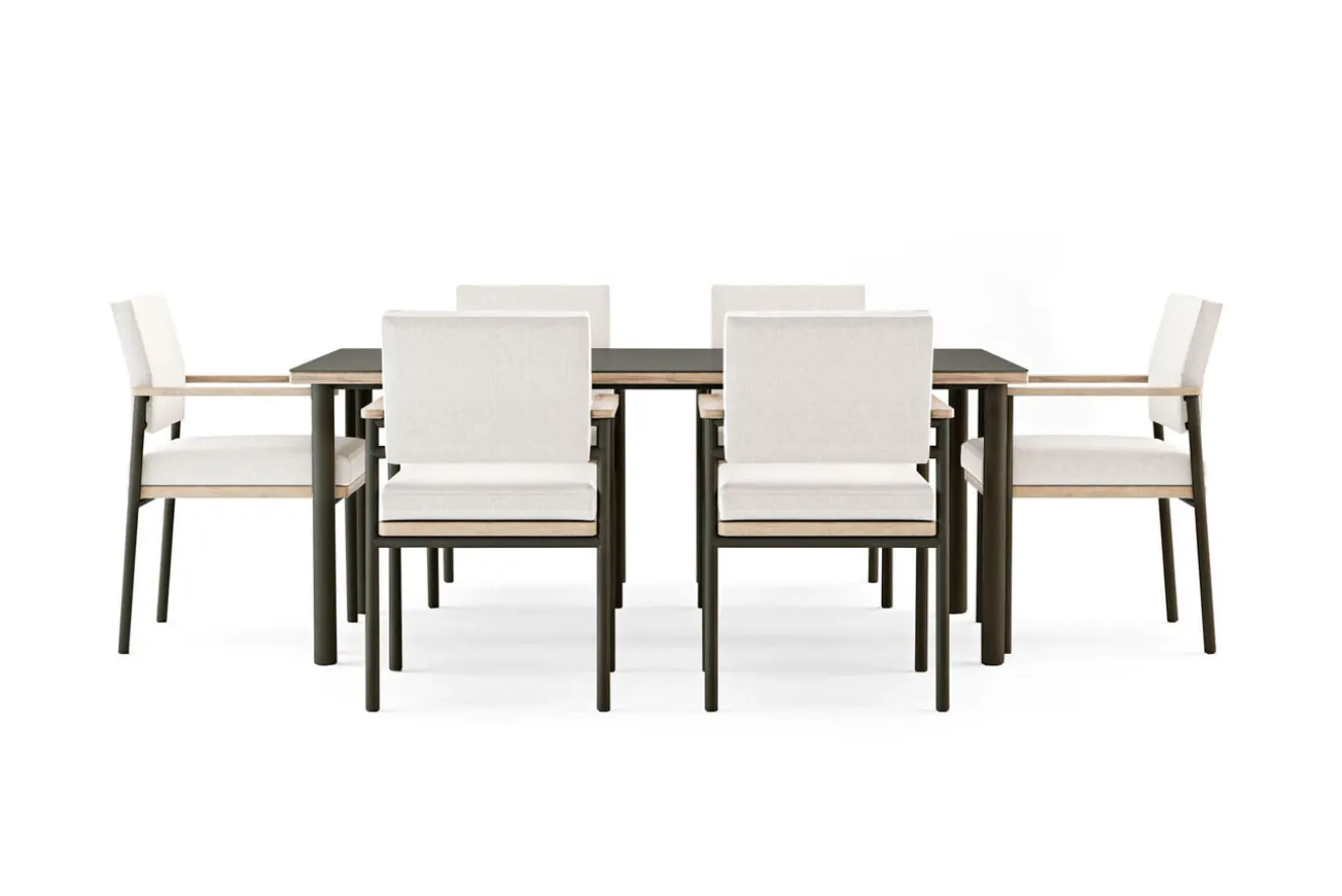 ploss Lunare Garten-Essgruppe, cashmere sand/anthrazit, Alu/Holzdekor/Glas, 180 x 100 cm, 6 Sessel, Quick Dry Foam