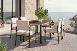 ploss Lunare Garten-Essgruppe, cashmere sand/anthrazit, Alu/Holzdekor/Glas, 180 x 100 cm, 6 Sessel, Quick Dry Foam