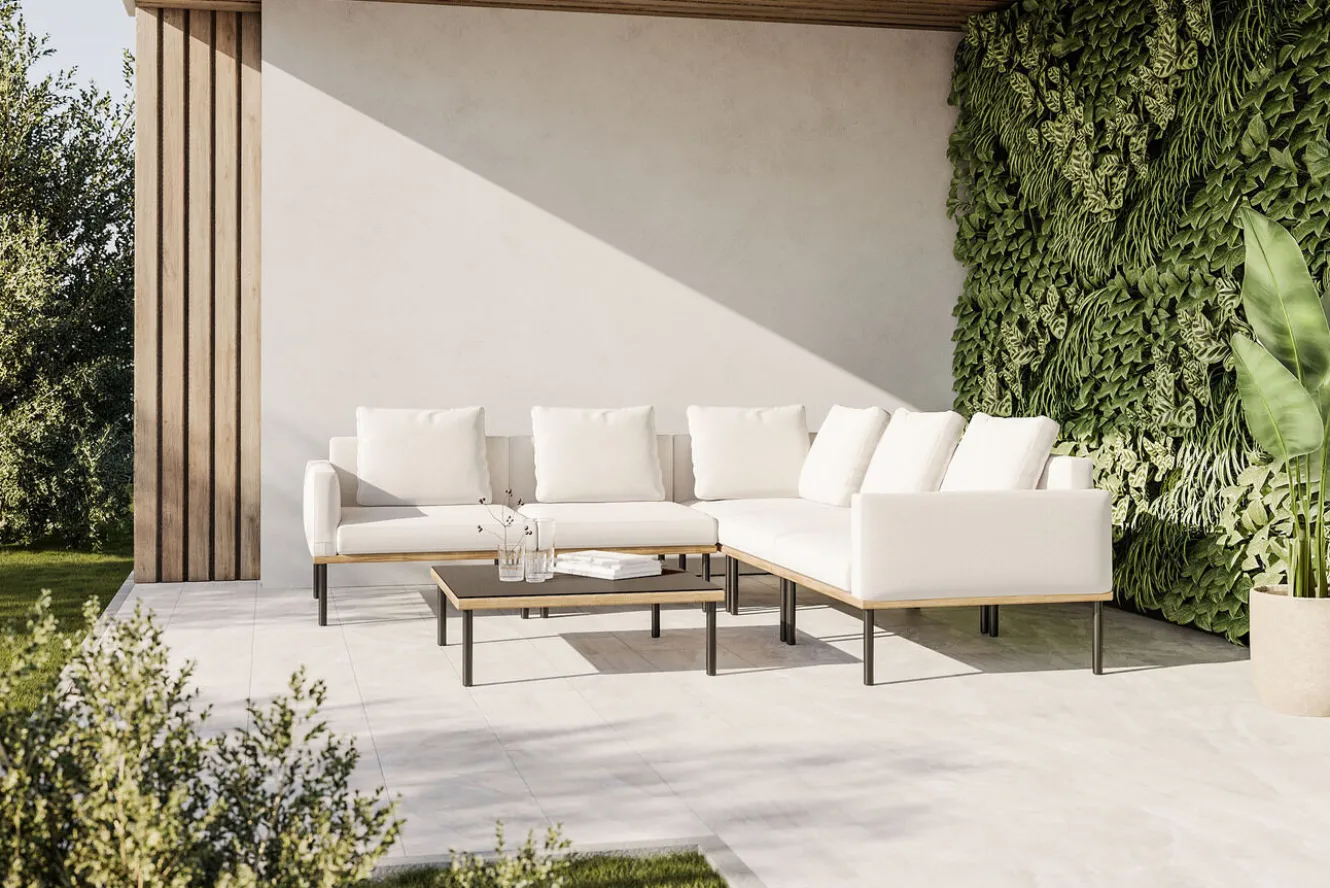 ploss Lunare Light Gartenlounge, cashmere sand/anthrazit, Aluminium, Tisch 86 x 86 cm, Holzdekor, Quick Dry Foam