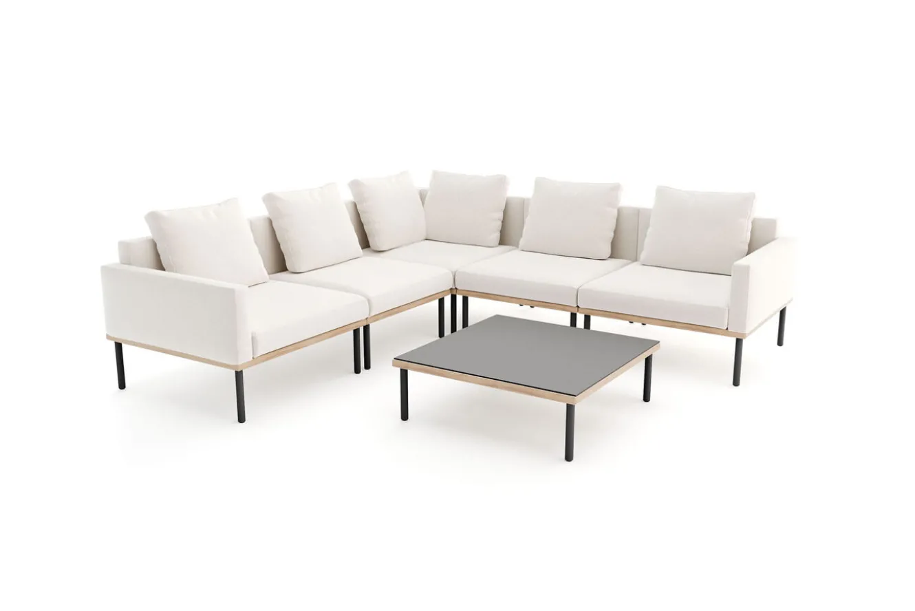 ploss Lunare Light Gartenlounge, cashmere sand/anthrazit, Aluminium, Tisch 86 x 86 cm, Holzdekor, Quick Dry Foam