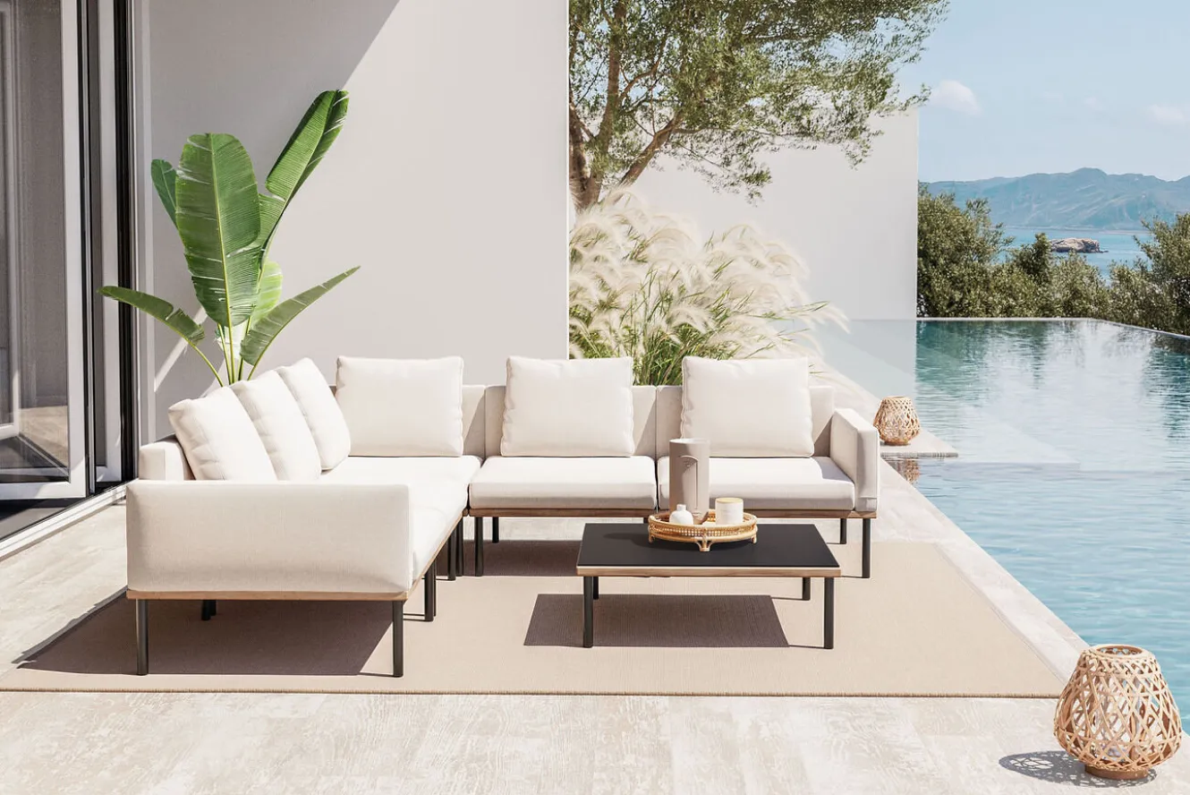 ploss Lunare Light Gartenlounge, cashmere sand/anthrazit, Aluminium, Tisch 86 x 86 cm, Holzdekor, Quick Dry Foam