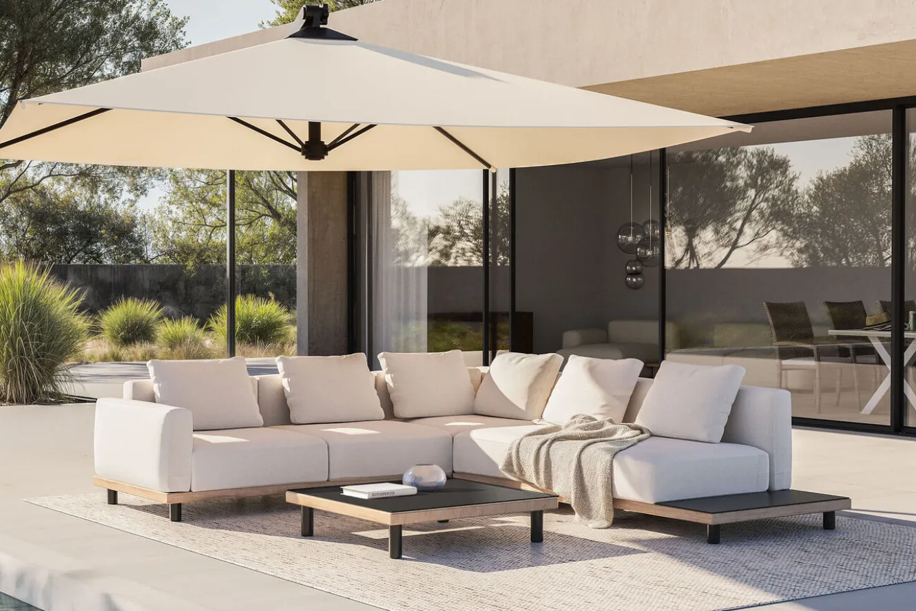 ploss Lunare M Gartenlounge, cashmere sand/anthrazit, Alu/Polyester, 290 x 200 cm, Holzdekor, Quick Dry Foam
