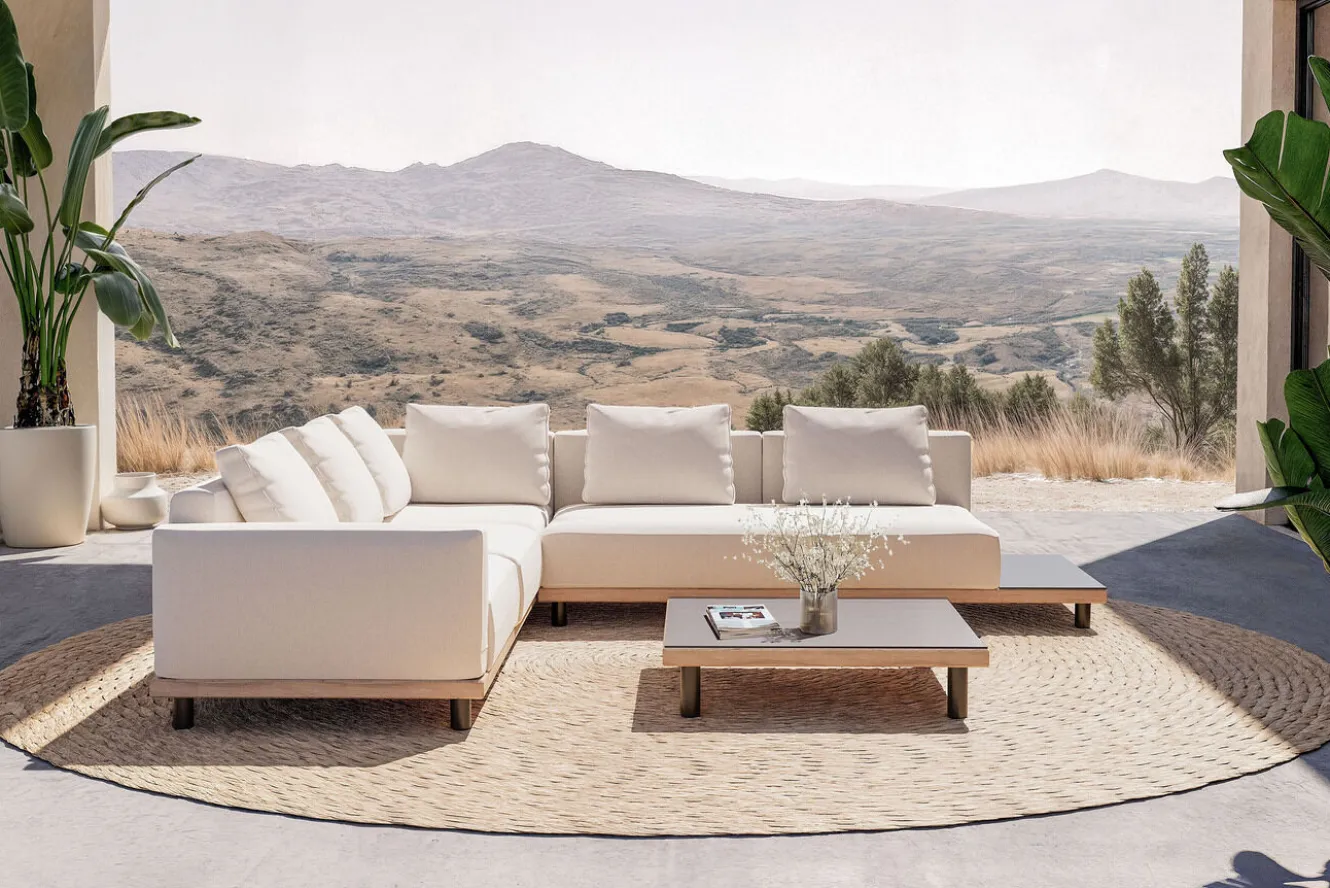 ploss Lunare M Gartenlounge, cashmere sand/anthrazit, Alu/Polyester, 290 x 200 cm, Holzdekor, Quick Dry Foam