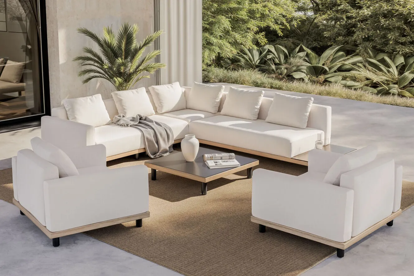 ploss Lunare XL Gartenlounge, cashmere sand/anthrazit, Aluminium, mit Holzdekor, Tisch 90 x 90 cm, Quick Dry Foam, inkl. Kissen