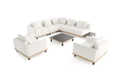 ploss Lunare XL Gartenlounge, cashmere sand/anthrazit, Aluminium, mit Holzdekor, Tisch 90 x 90 cm, Quick Dry Foam, inkl. Kissen