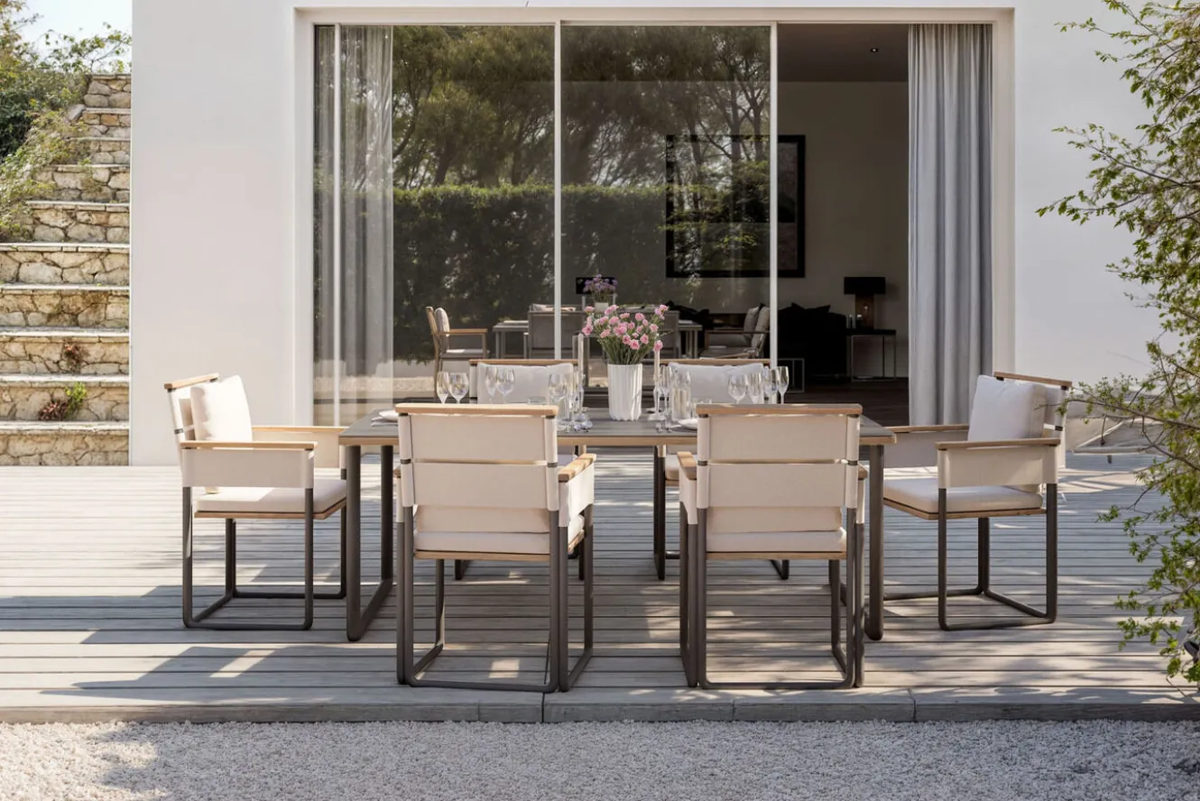 ploss Reverie Garten-Essgruppe mit 6 Sesseln, anthrazit/creme, Alu/Polyester/Rope, 200 x 100 cm, Holzoptik, inkl. Polster