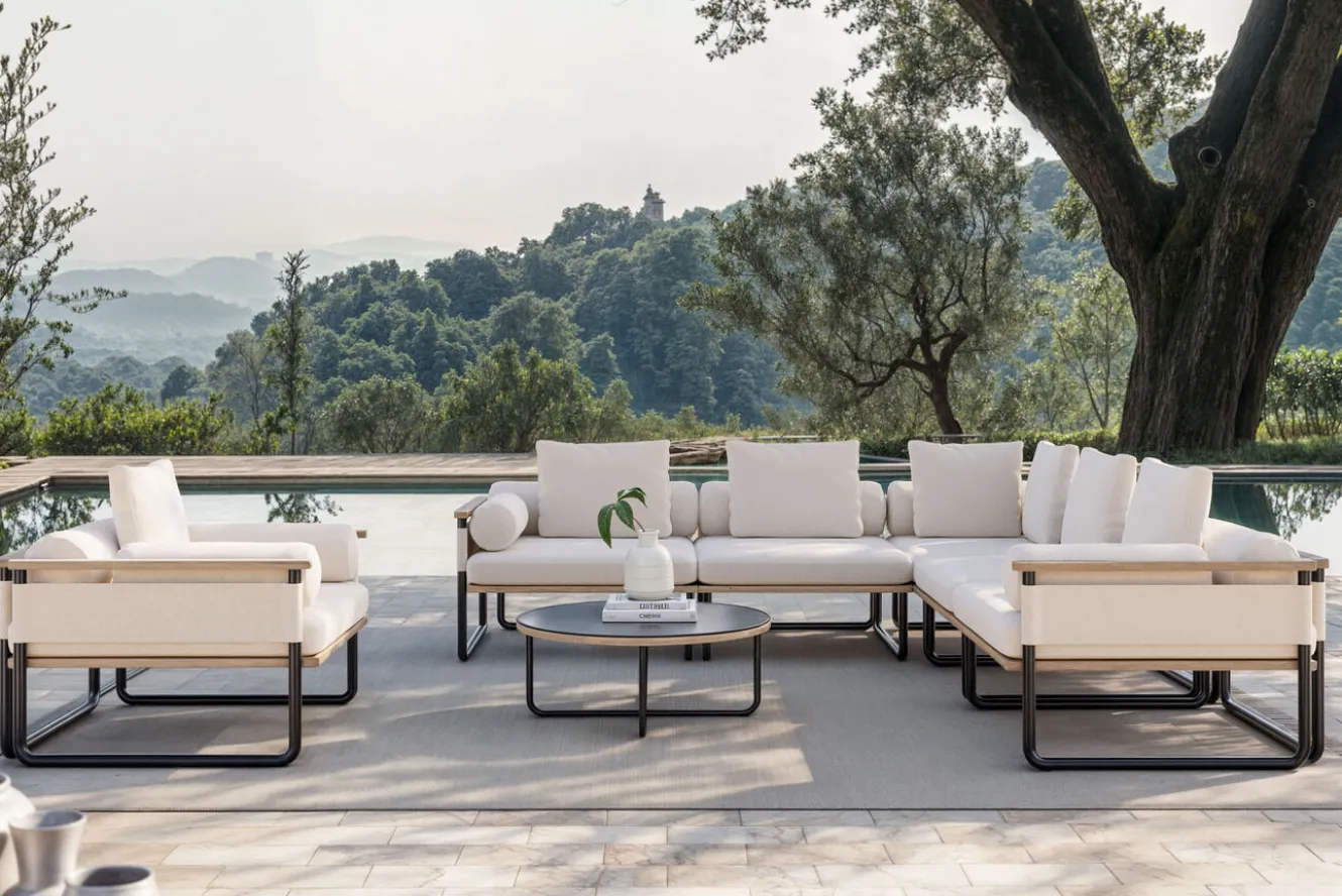 ploss Reverie Light Plus Gartenlounge, creme/anthrazit/natur, Aluminium/Polyester/Glas, 80 x 80 cm, Holzdekor, inkl. Sessel