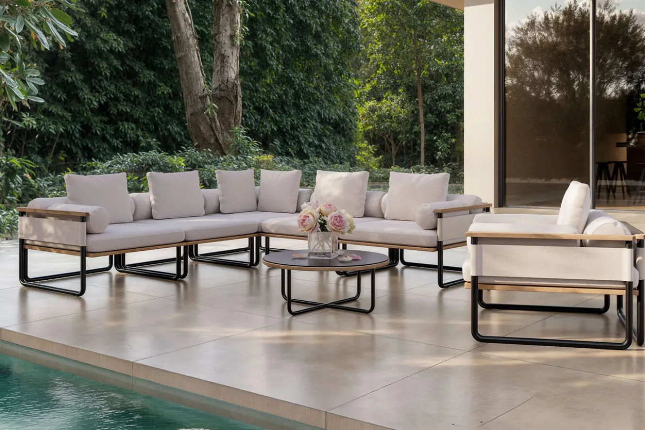 ploss Reverie Light Plus Gartenlounge, creme/anthrazit/natur, Aluminium/Polyester/Glas, 80 x 80 cm, Holzdekor, inkl. Sessel