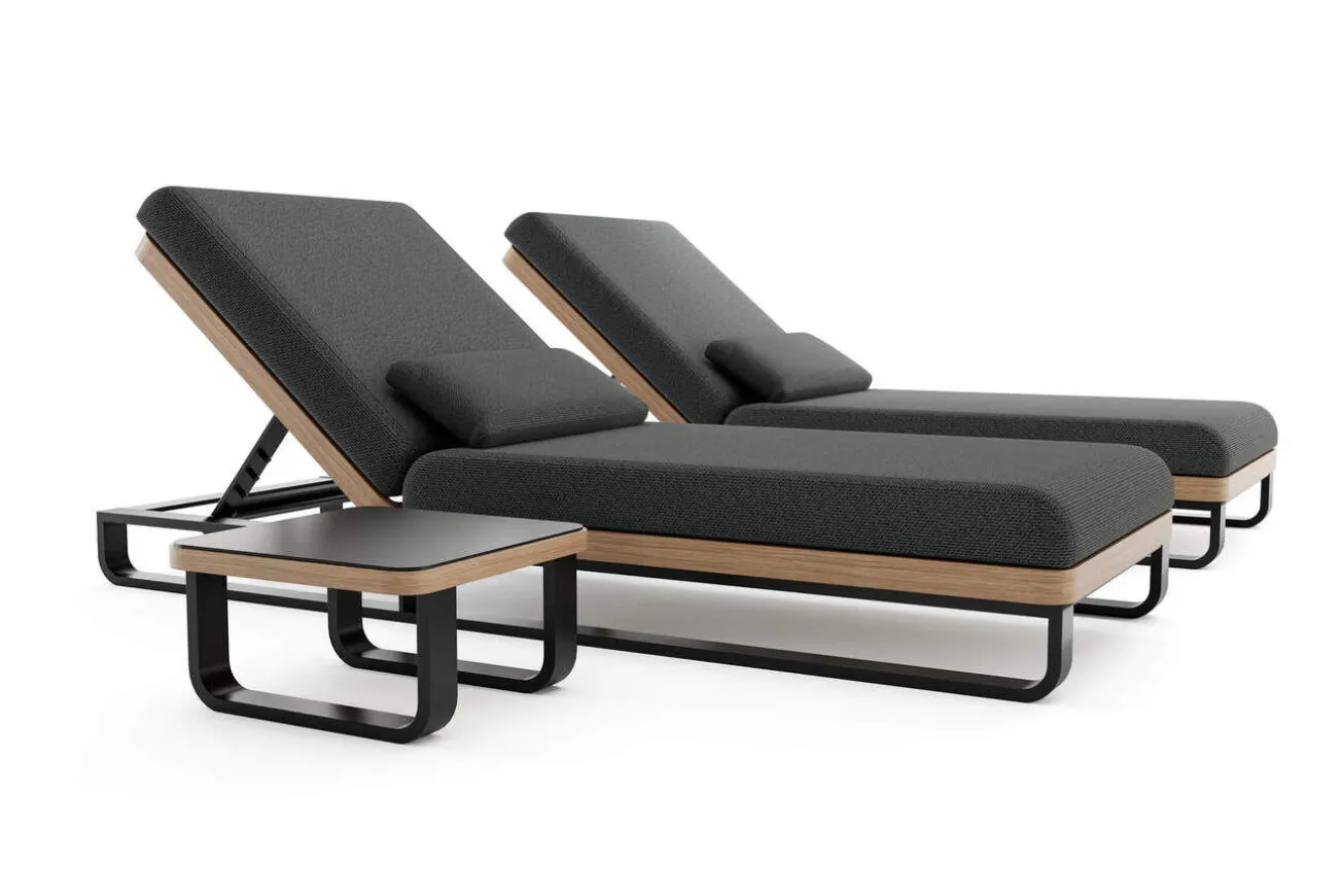 ploss Solera Gartenliegen 2er Set, anthrazit/schwarz, Alu/Polyester/Schaumstoff, 200 x 72 cm, verstellbare Rückenlehne, inkl. Beistelltisch