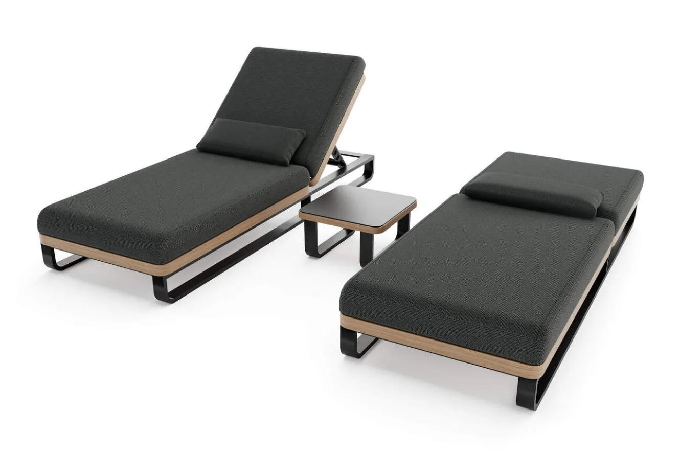 ploss Solera Gartenliegen 2er Set, anthrazit/schwarz, Alu/Polyester/Schaumstoff, 200 x 72 cm, verstellbare Rückenlehne, inkl. Beistelltisch