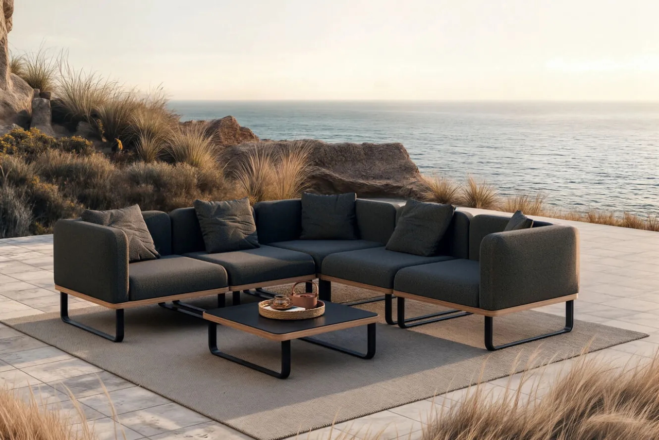 ploss Solera Light Gartenlounge, anthrazit, Alu/Polyester/Glas, 320 x 240 cm, wetterfest, Holzdekor, inkl. Kissen