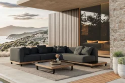 ploss Solera M Gartenlounge, anthrazit/schwarz, Alu/Polyester/Glas, 290 x 200 cm, wetterfest, Quick Dry Foam, Holzdekor
