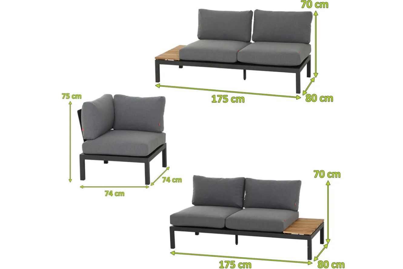 SIENA GARDEN Alvida Gartenlounge, matt anthrazit/grau, Alu/Ranotex®-Gewebe/Teak, 4 Personen, inkl. Polster