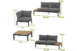 SIENA GARDEN Alvida Lounge Set, matt anthrazit/grau, Alu/Ranotex®-Gewebe/Teak, Tisch 74x74cm, inkl. Polster
