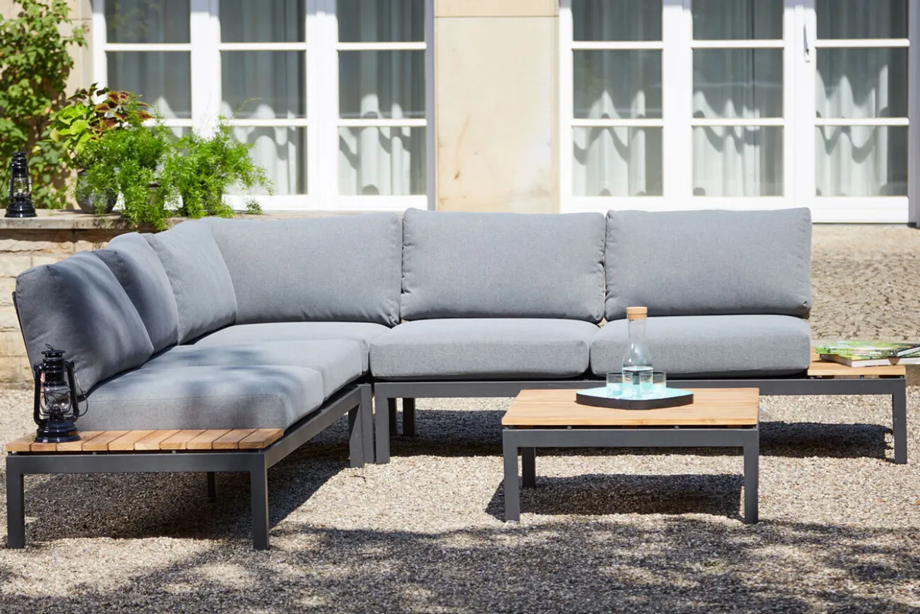 SIENA GARDEN Alvida Lounge Set, matt anthrazit/grau, Alu/Ranotex®-Gewebe/Teak, Tisch 74x74cm, inkl. Polster