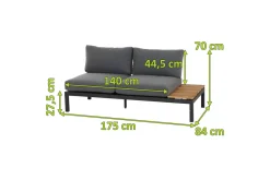 SIENA GARDEN Alvida Zweisitzer links, anthrazit/natur, Aluminium/Ranotex/Teak, 84x175x70 cm, inkl. Polster