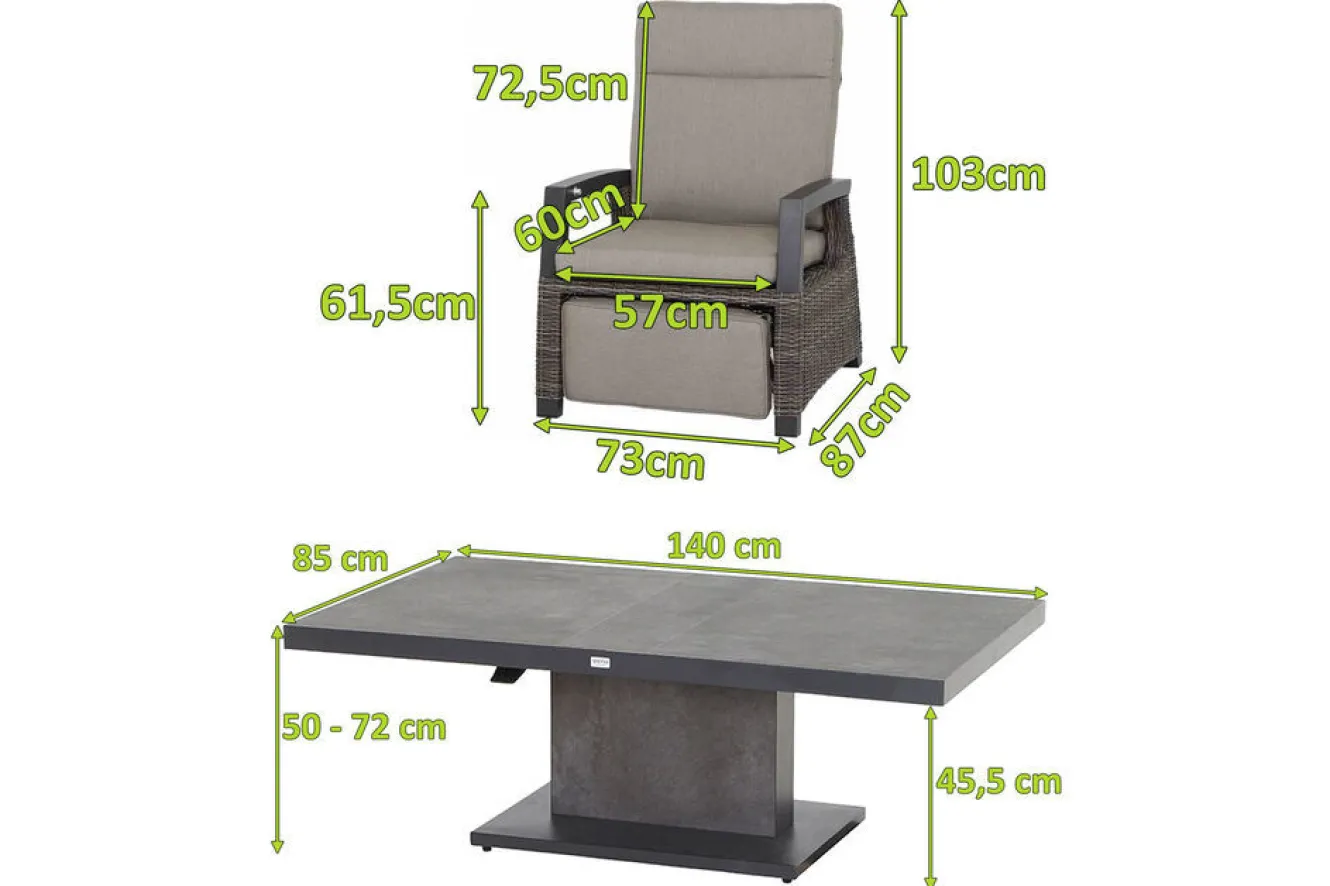 SIENA GARDEN Corido/Bellani Grau Gartenlounge, charcoal/anthrazit/grau, Alu/Gardino®-Geflecht, Lifttisch 140x85 cm, 4 Relaxsessel
