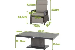 SIENA GARDEN Corido/Bellani Grau Gartenlounge, charcoal/anthrazit/grau, Alu/Gardino®-Geflecht, Lifttisch 140x85 cm, 4 Relaxsessel