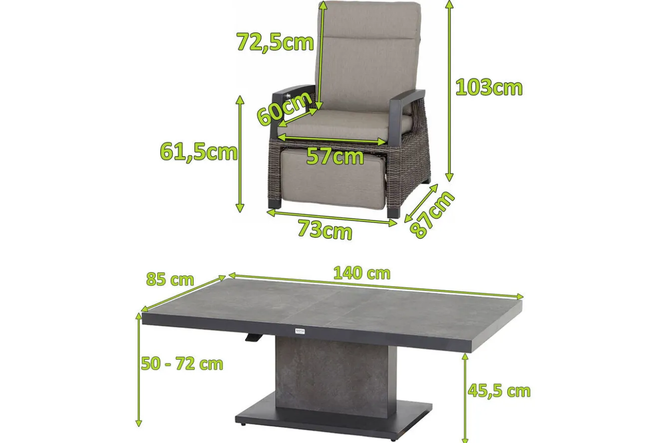 SIENA GARDEN Corido/Bellani Grau Gartenlounge, charcoal/anthrazit/grau, Alu/Gardino®-Geflecht, Lifttisch 140x85 cm, 4 Relaxsessel